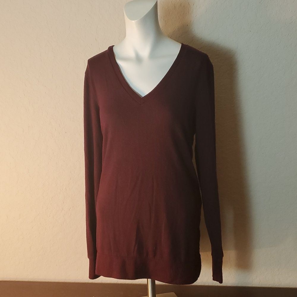 Lucky Brand Burgundy V-Neck Sweater Women's S/P Soft Knit Pullover Tunic Maroon - Picture 3 of 14